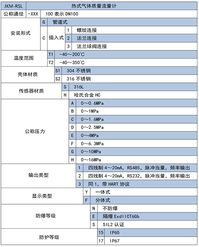 DN150熱式氣體質量流量計選項表